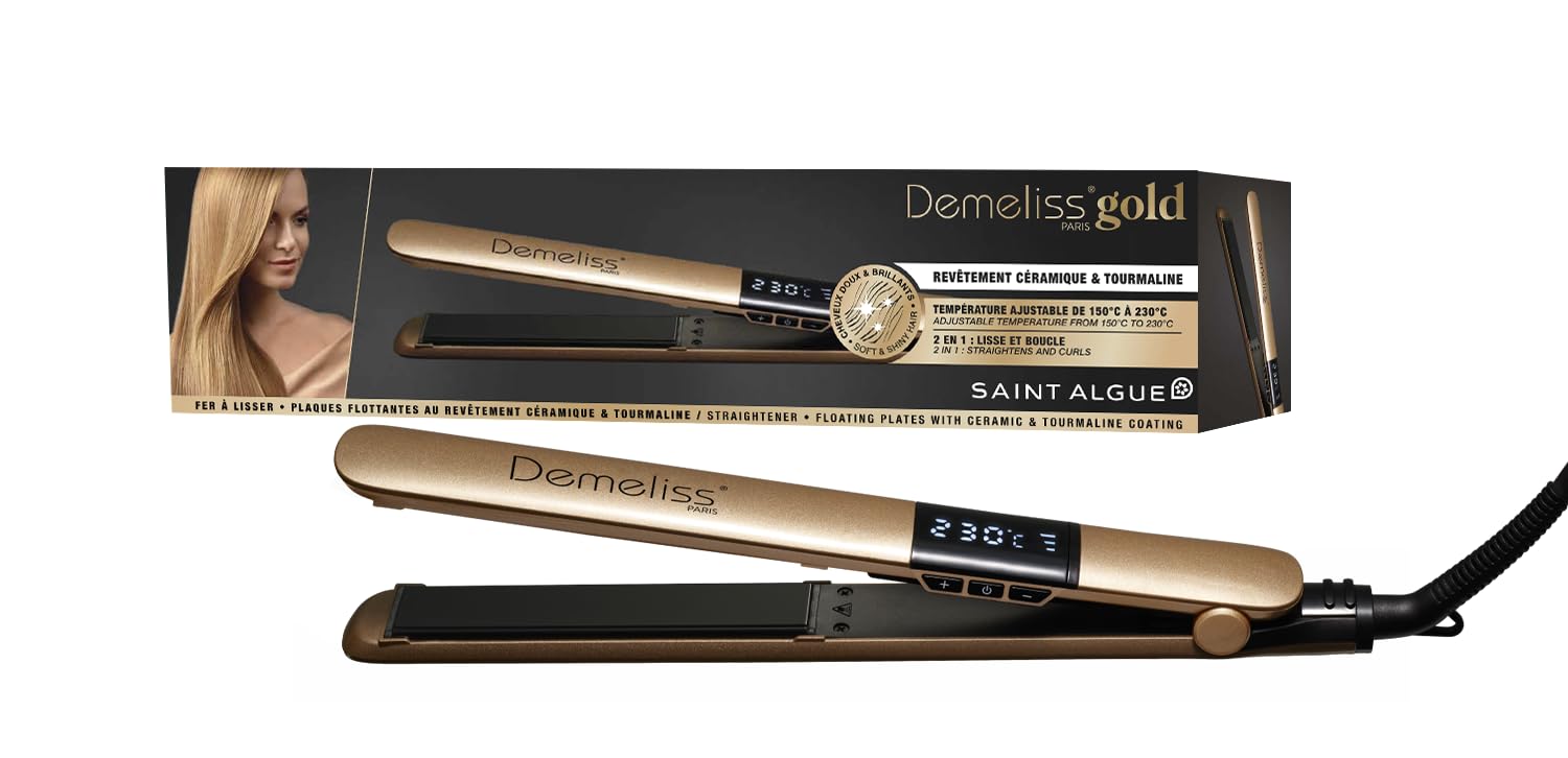 Demeliss SAINT ALGUE Gold Straightener – Straightening from the Root – Fine Ceramic Plates, Tourmaline – Adjustable Temperature 150°C to 230°C – Smooth to Wavy Hair – Ergonomic Design, Professional