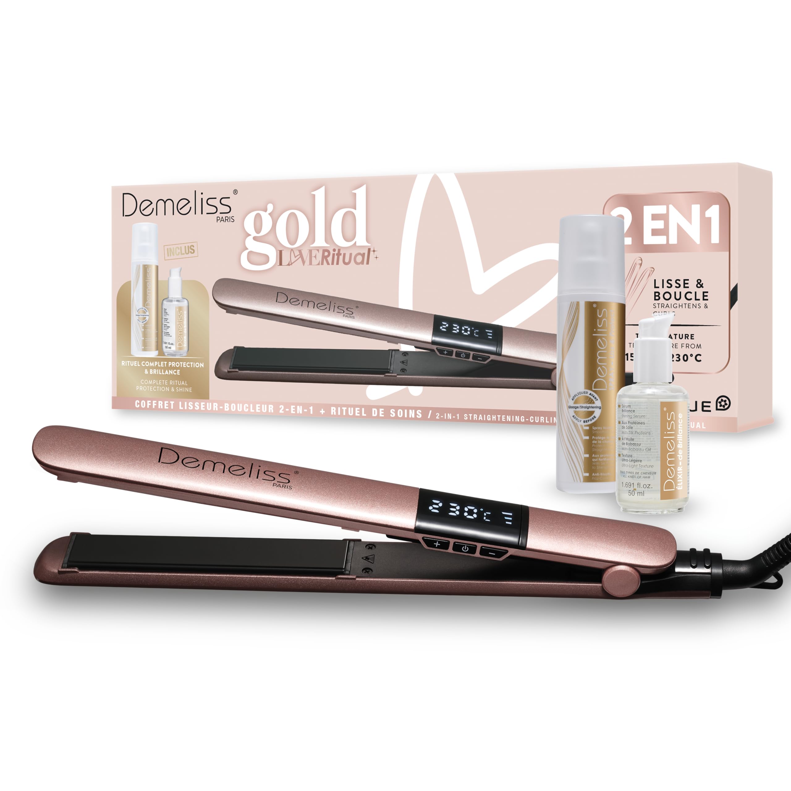 Demeliss SAINT ALGUE Gold Straightener – Straightening from the Root – Fine Ceramic Plates, Tourmaline – Adjustable Temperature 150°C to 230°C – Smooth to Wavy Hair – Ergonomic Design, Professional