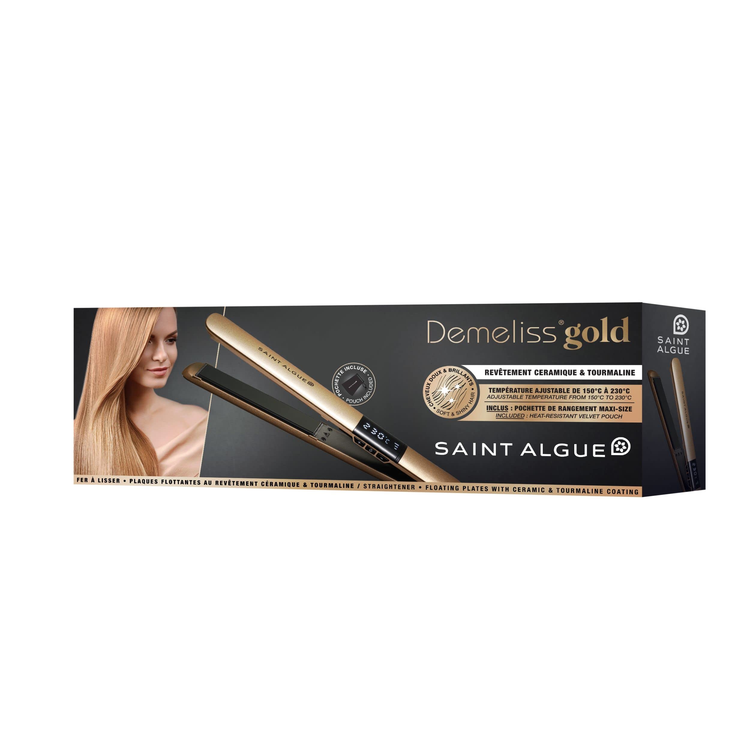 Demeliss SAINT ALGUE Gold Straightener – Straightening from the Root – Fine Ceramic Plates, Tourmaline – Adjustable Temperature 150°C to 230°C – Smooth to Wavy Hair – Ergonomic Design, Professional