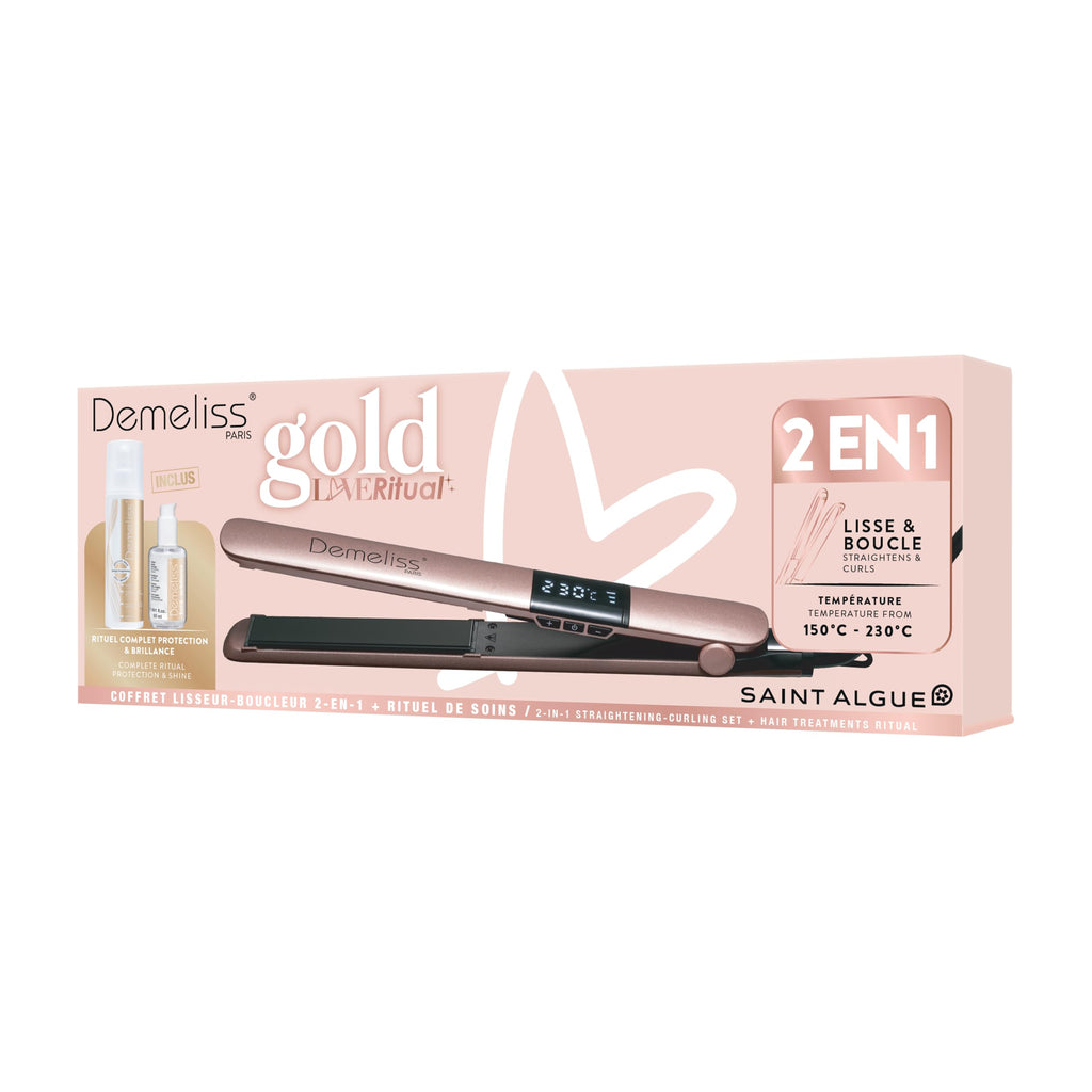 Demeliss SAINT ALGUE Gold Straightener – Straightening from the Root – Fine Ceramic Plates, Tourmaline – Adjustable Temperature 150°C to 230°C – Smooth to Wavy Hair – Ergonomic Design, Professional