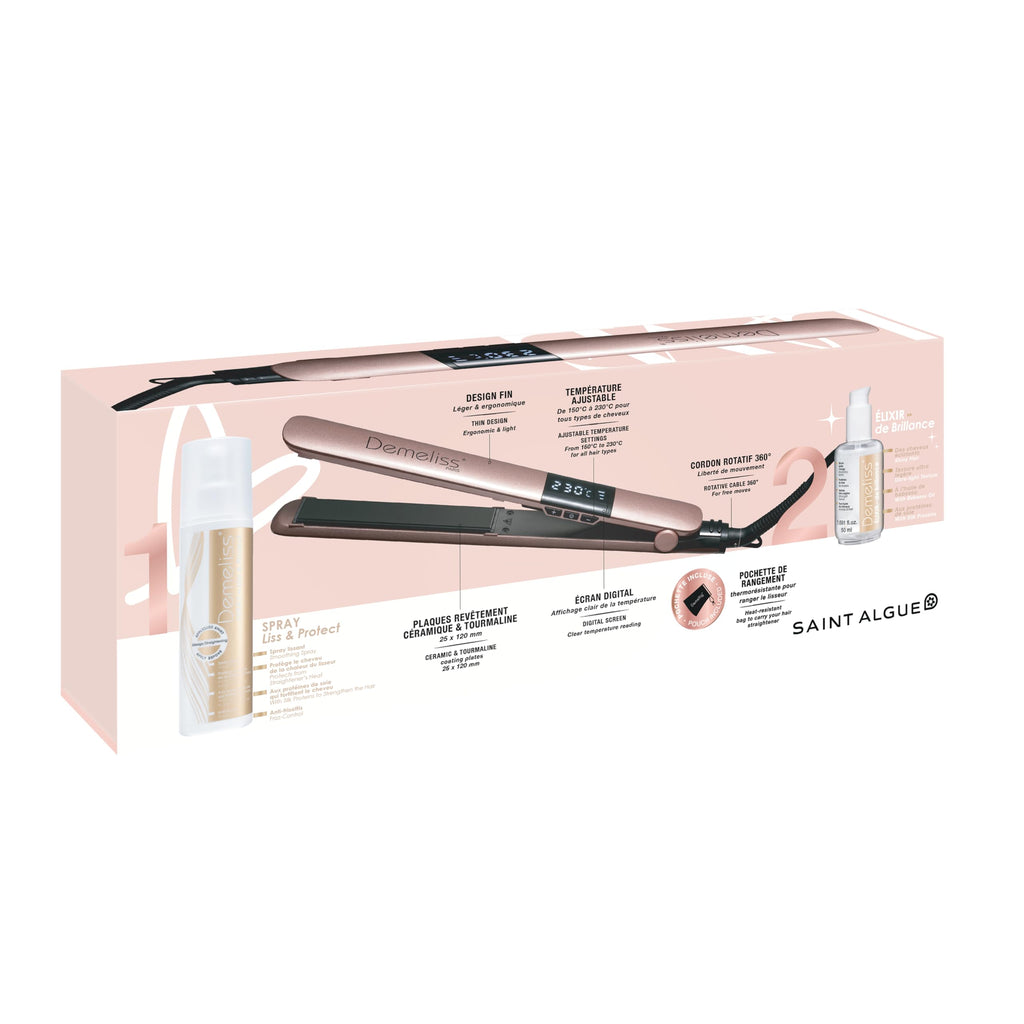 Demeliss SAINT ALGUE Gold Straightener – Straightening from the Root – Fine Ceramic Plates, Tourmaline – Adjustable Temperature 150°C to 230°C – Smooth to Wavy Hair – Ergonomic Design, Professional