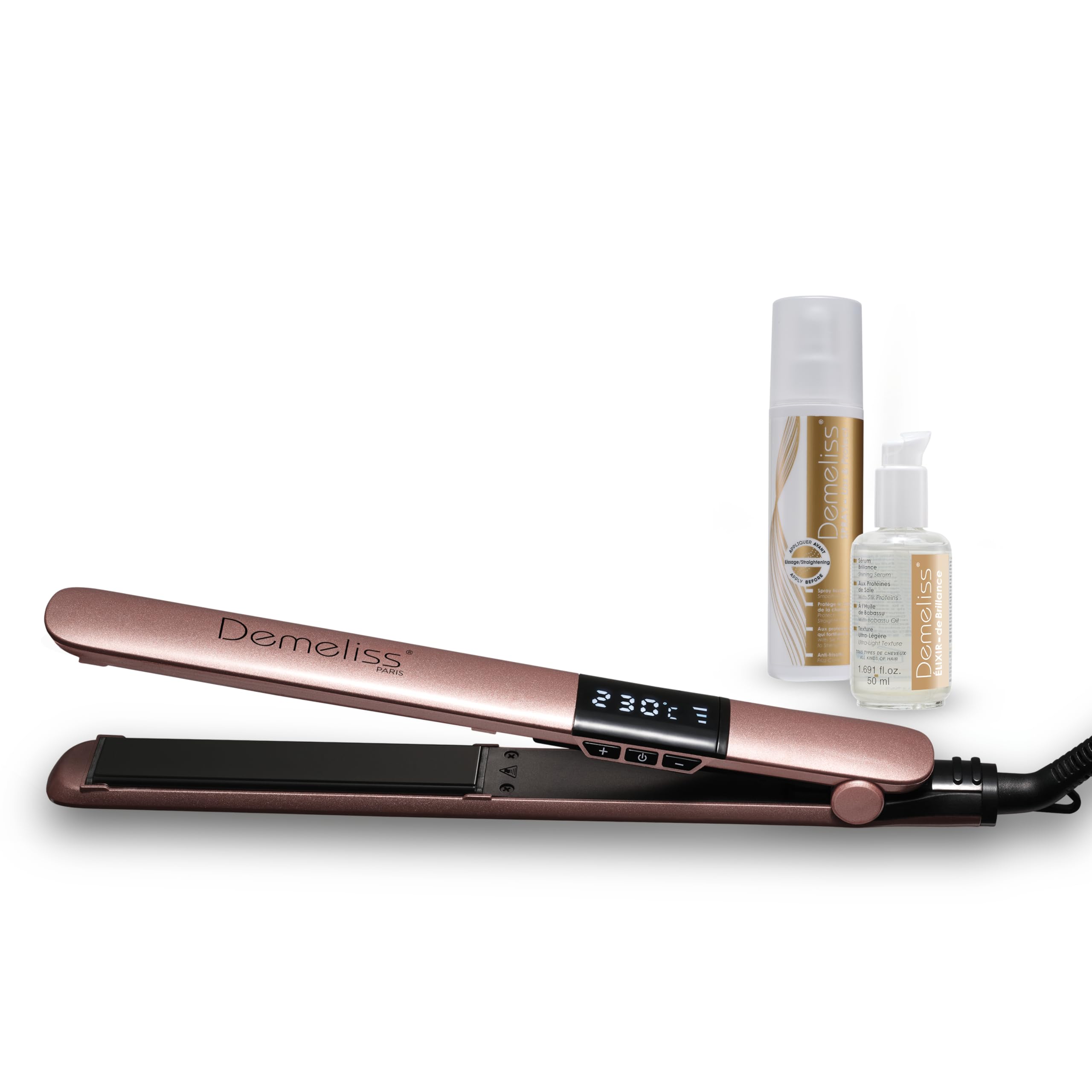 Demeliss SAINT ALGUE Gold Straightener – Straightening from the Root – Fine Ceramic Plates, Tourmaline – Adjustable Temperature 150°C to 230°C – Smooth to Wavy Hair – Ergonomic Design, Professional
